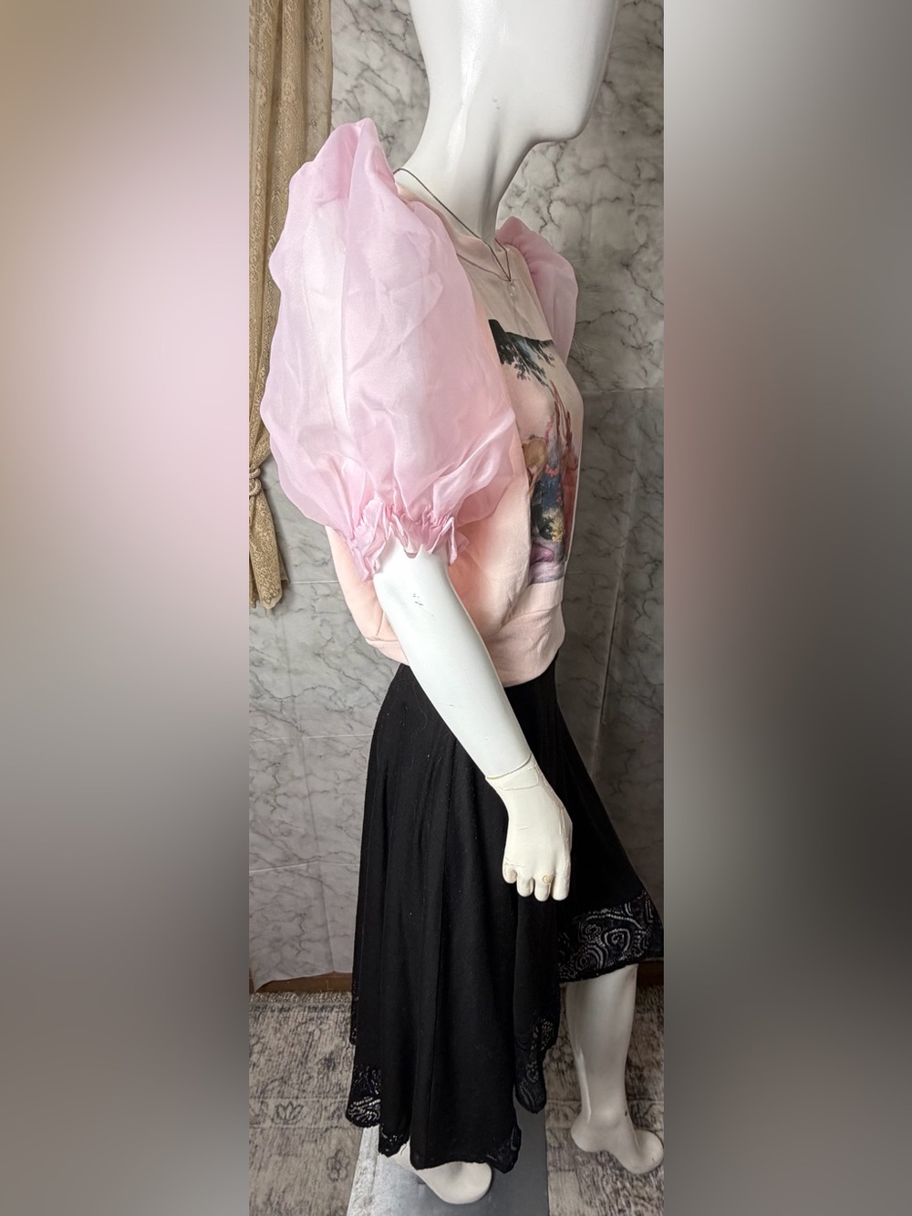 Selkie Pink Puff Sleeve Sweatshirt Romantic Art Print Coquette Fairycore Size L - Picture 8 of 16